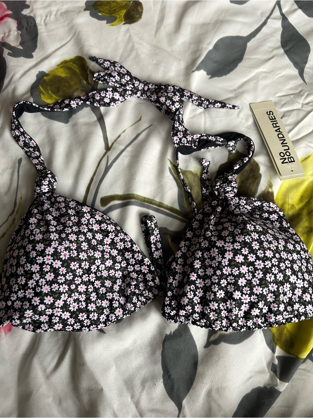 No Boundaries Black Bikini Top with Pink and White Floral Print